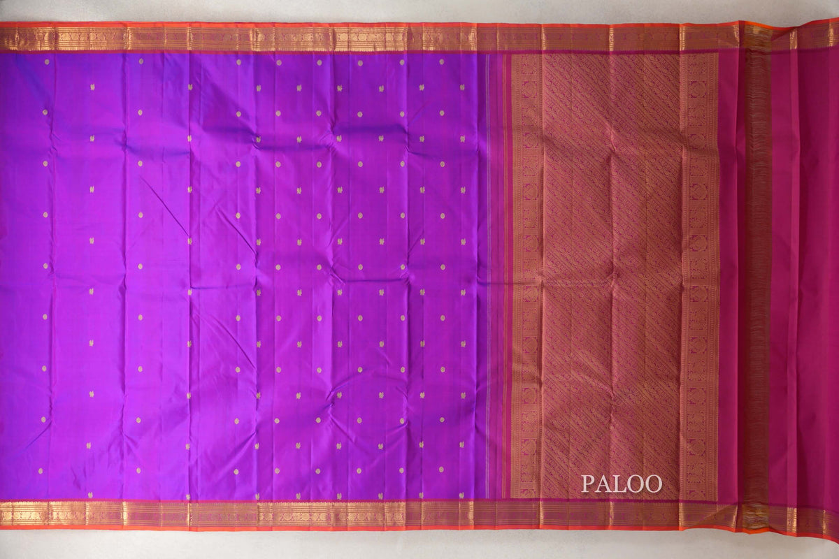 Dual Tone of Pink and Violet with Deep Rani Pink with Bright Orange Selvedge Borders Vintage Kanjivaram Silk Saree paloo