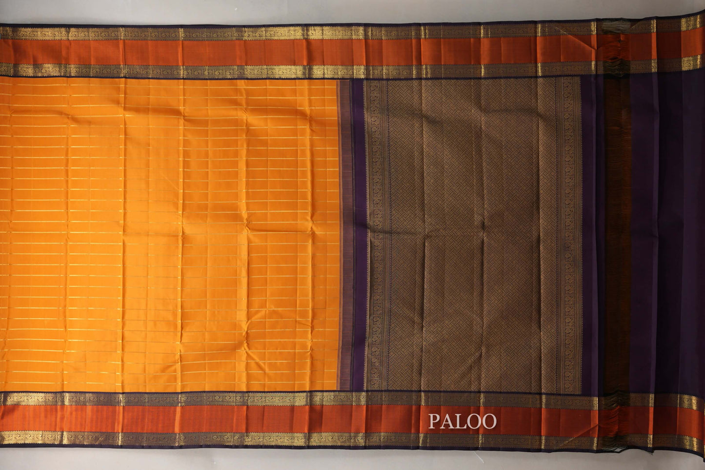 Bright Mango Orange with Deep Plum Borders Vintage Kanjivaram Silk Saree SS9074