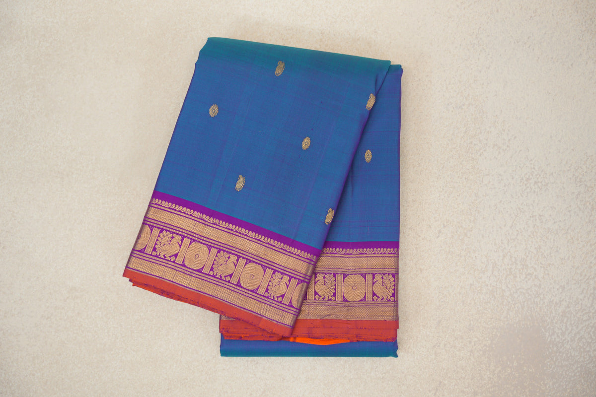 Dual Tone of Magenta and Blue with Deep Magenta with Bright Orange Selvedge Borders Vintage Kanjivaram Silk Saree