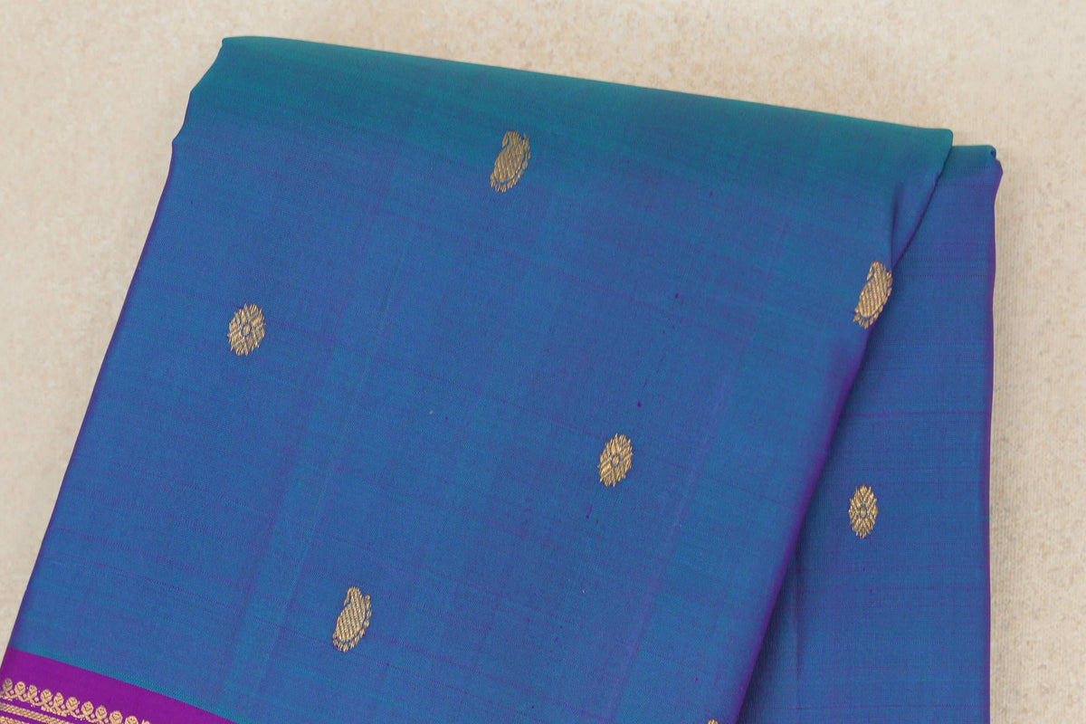 Dual Tone of Magenta and Blue with Deep Magenta with Bright Orange Selvedge Borders Vintage Kanjivaram Silk Saree body