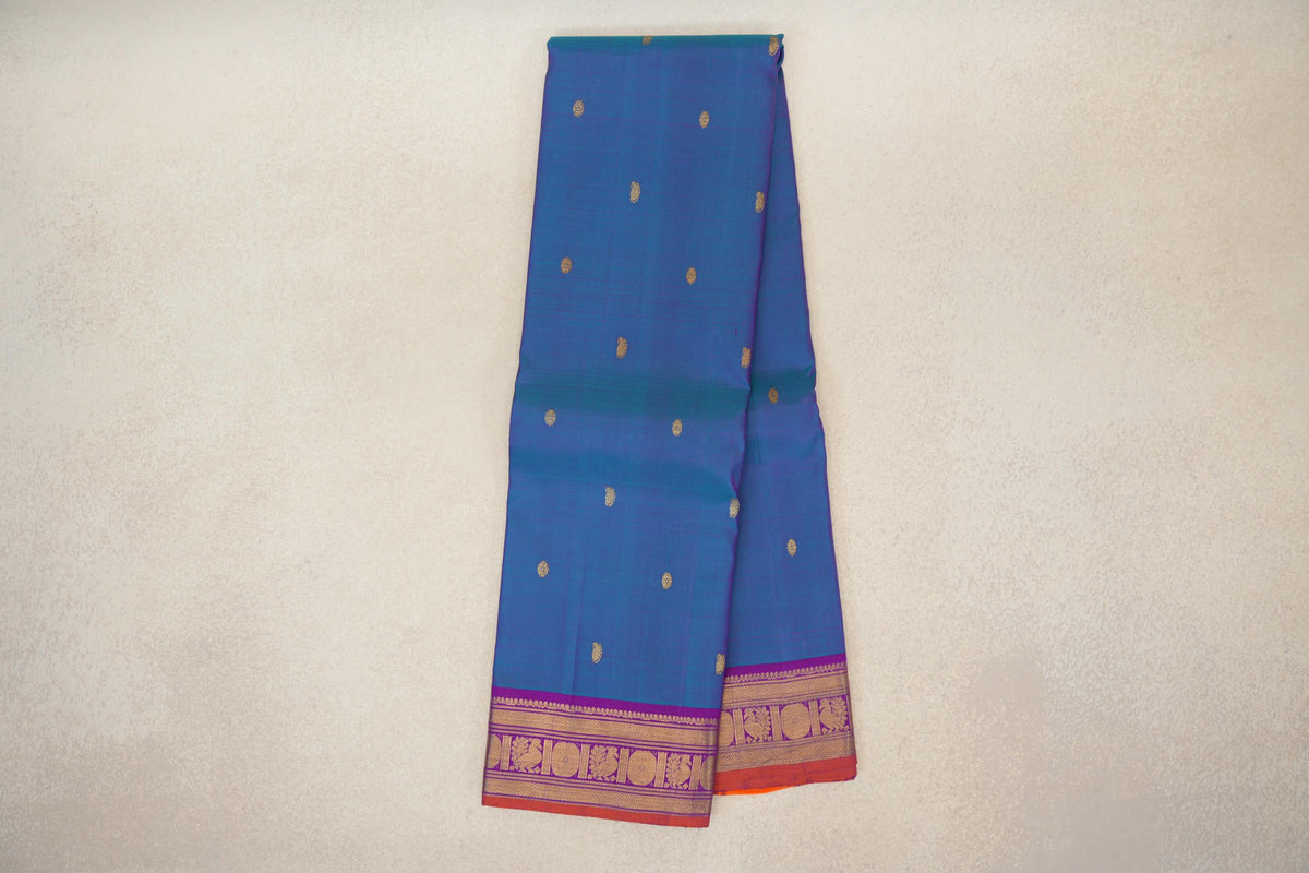 Online Dual Tone of Magenta and Blue with Deep Magenta with Bright Orange Selvedge Borders Vintage Kanjivaram Silk Saree