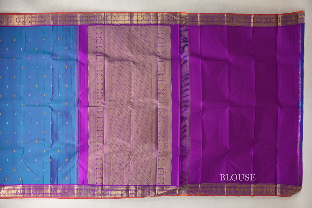 Dual Tone of Magenta and Blue with Deep Magenta with Bright Orange Selvedge Borders Vintage Kanjivaram Silk Saree blouse