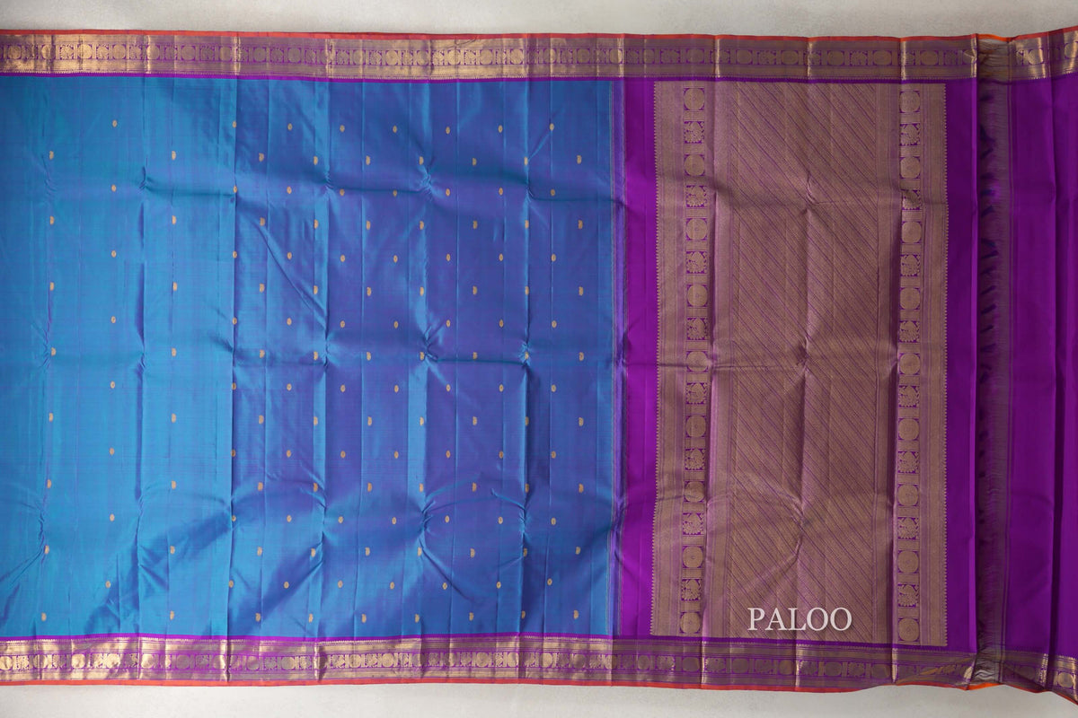 Dual Tone of Magenta and Blue with Deep Magenta with Bright Orange Selvedge Borders Vintage Kanjivaram Silk Saree paloo