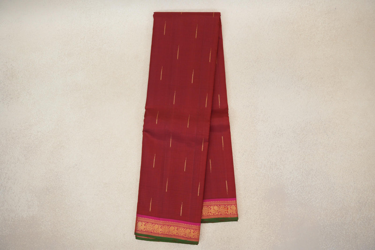 Online Brick Red with Pink with Bottle Green Selvedge Borders Vintage Kanjivaram Silk Saree