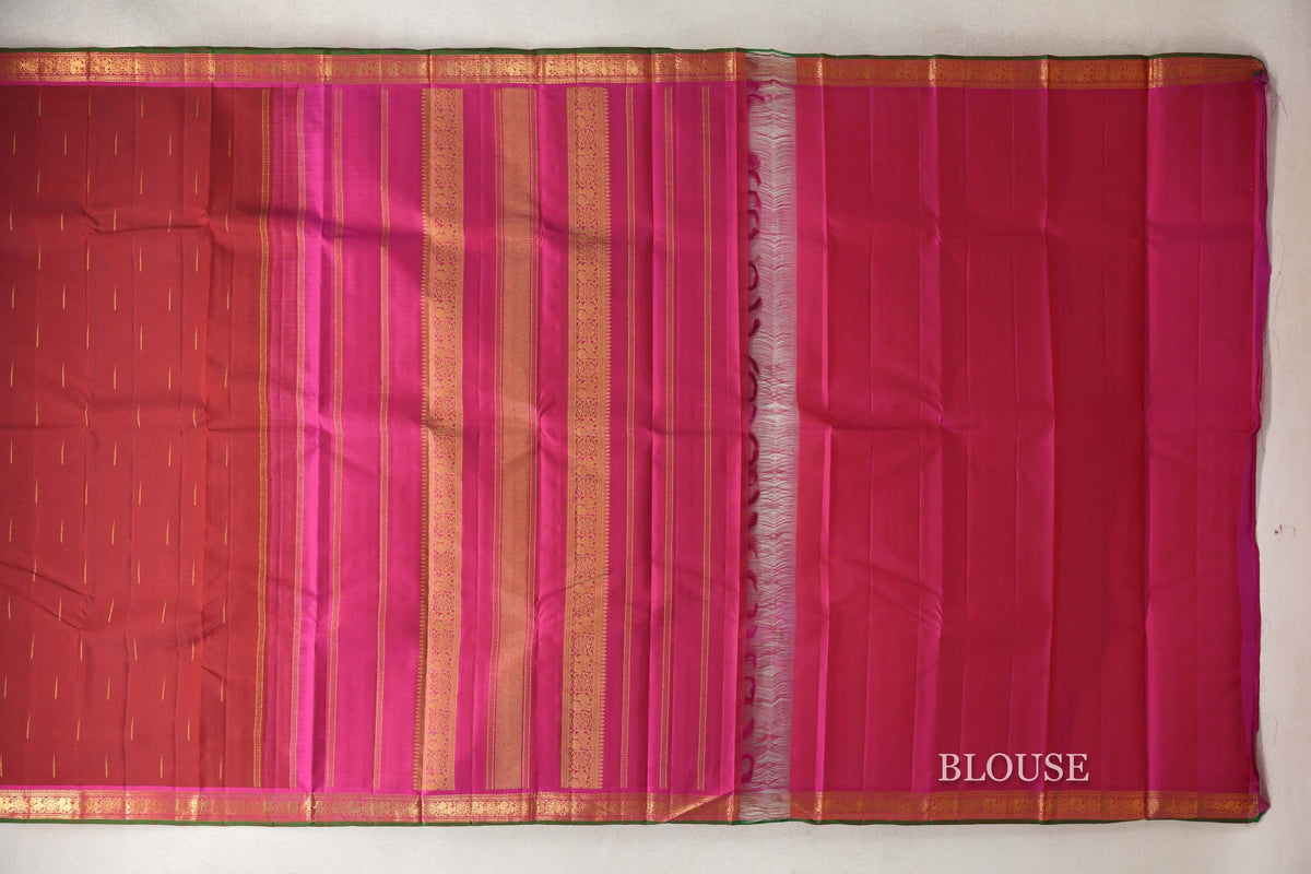 Brick Red with Pink with Bottle Green Selvedge Borders Vintage Kanjivaram Silk Saree blouse