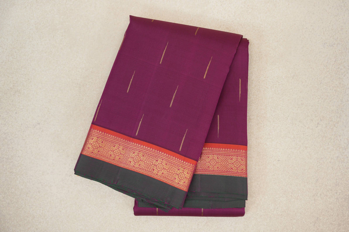 Deep Magenta with Deep Orange with Deep Bottle Green Selvedge Borders Vintage Kanjivaram Silk Saree