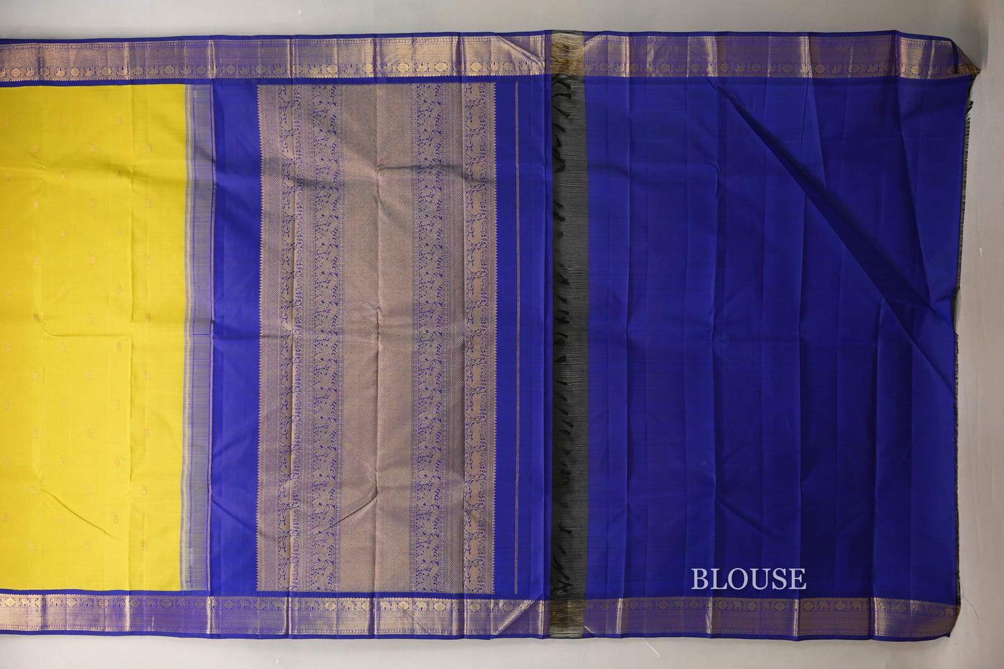 Mango Yellow with Deep Blue Borders Vintage Kanjivaram Silk Saree SS9077