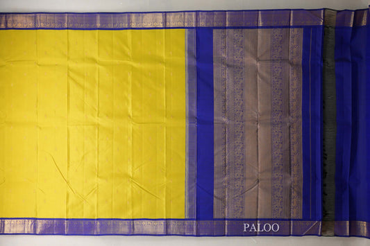 Mango Yellow with Deep Blue Borders Vintage Kanjivaram Silk Saree SS9077