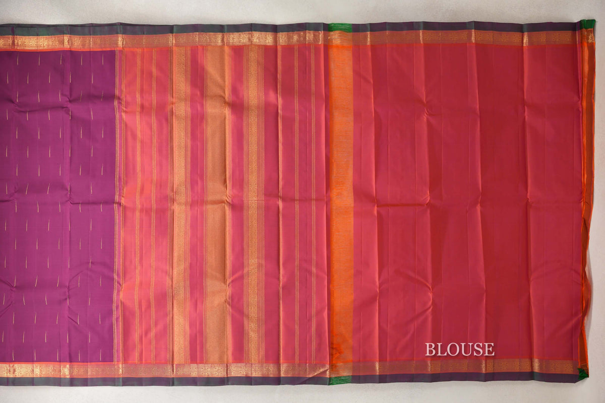 Deep Magenta with Deep Orange with Deep Bottle Green Selvedge Borders Vintage Kanjivaram Silk Saree blouse