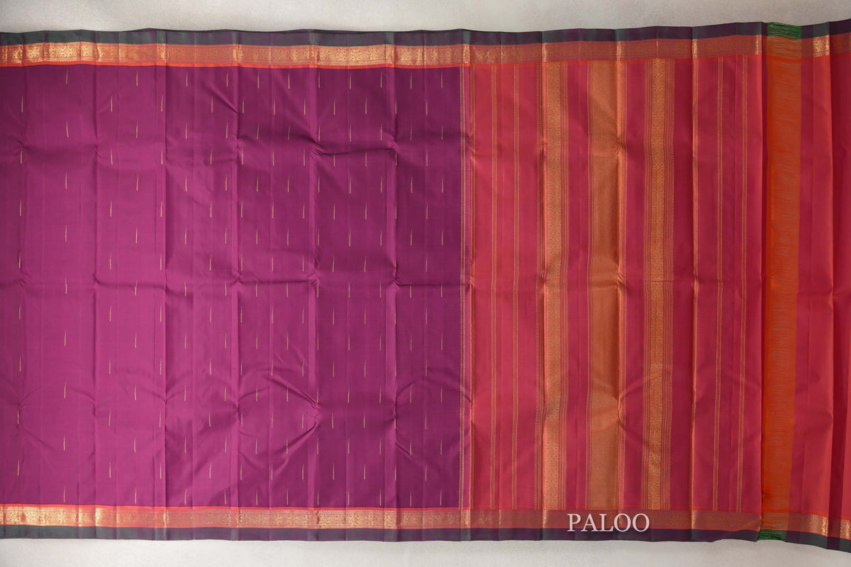 Deep Magenta with Deep Orange with Deep Bottle Green Selvedge Borders Vintage Kanjivaram Silk Saree paloo