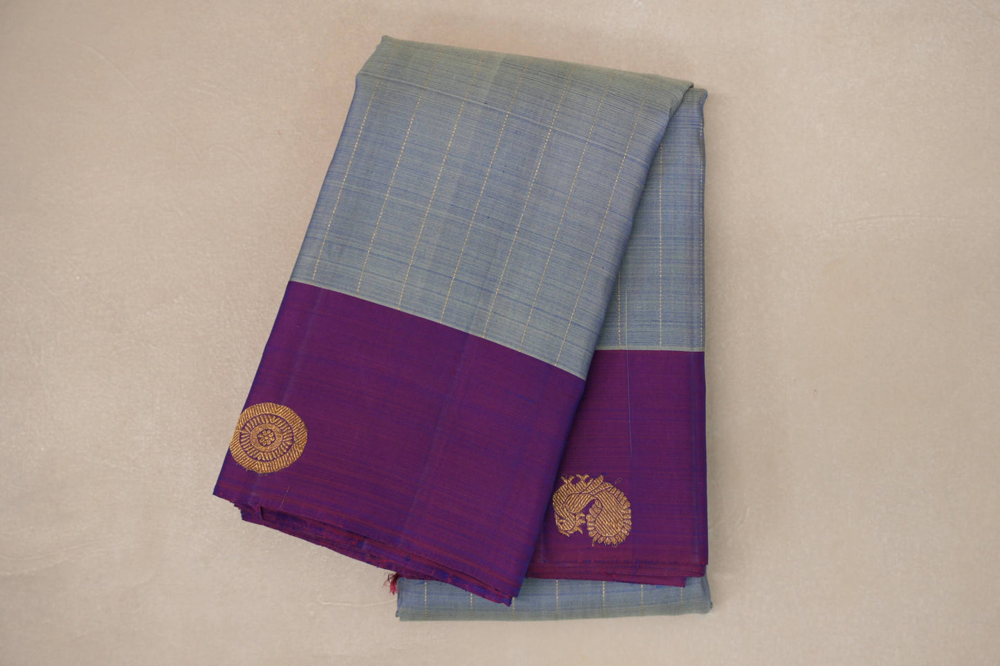 Dual Tone Silver Grey and Pastel Green with Dual Tone Pink and Blue Borders Plant Based Kanjivaram Silk Saree SS9078