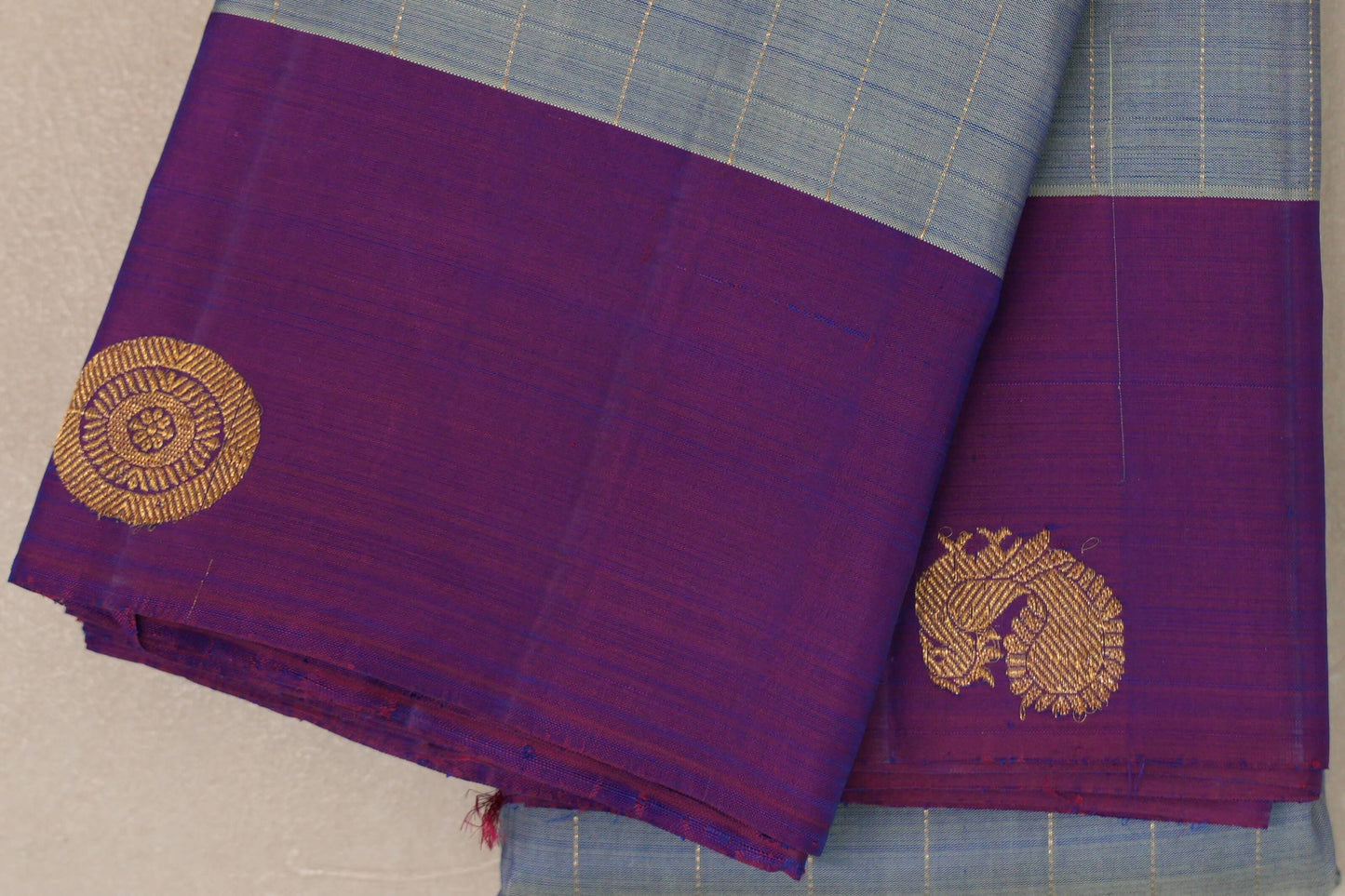 Dual Tone Silver Grey and Pastel Green with Dual Tone Pink and Blue Borders Plant Based Kanjivaram Silk Saree SS9078