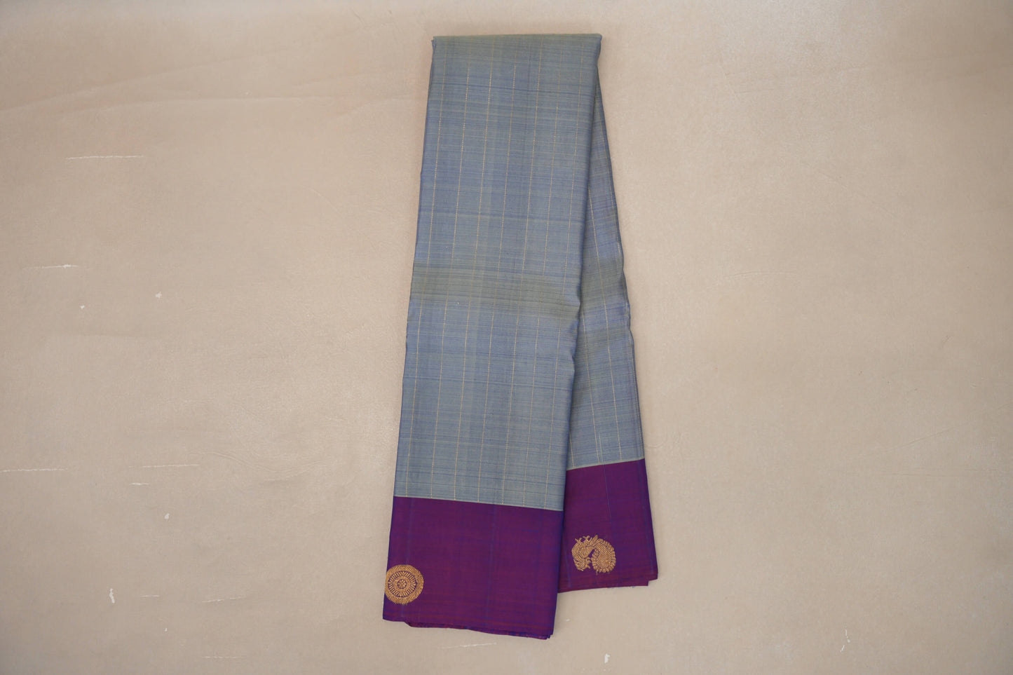 Dual Tone Silver Grey and Pastel Green with Dual Tone Pink and Blue Borders Plant Based Kanjivaram Silk Saree SS9078