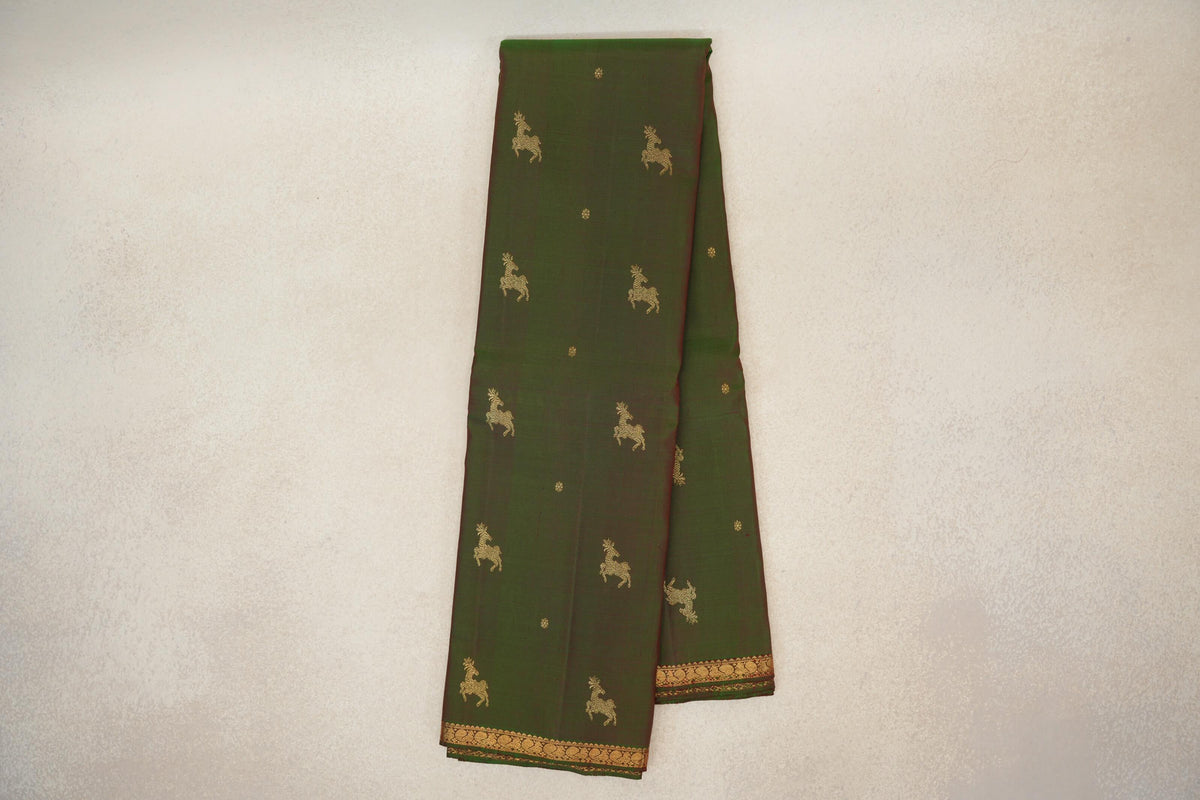 Online Dual Tone of Forest Green and Red Vintage Kanjivaram Silk Saree