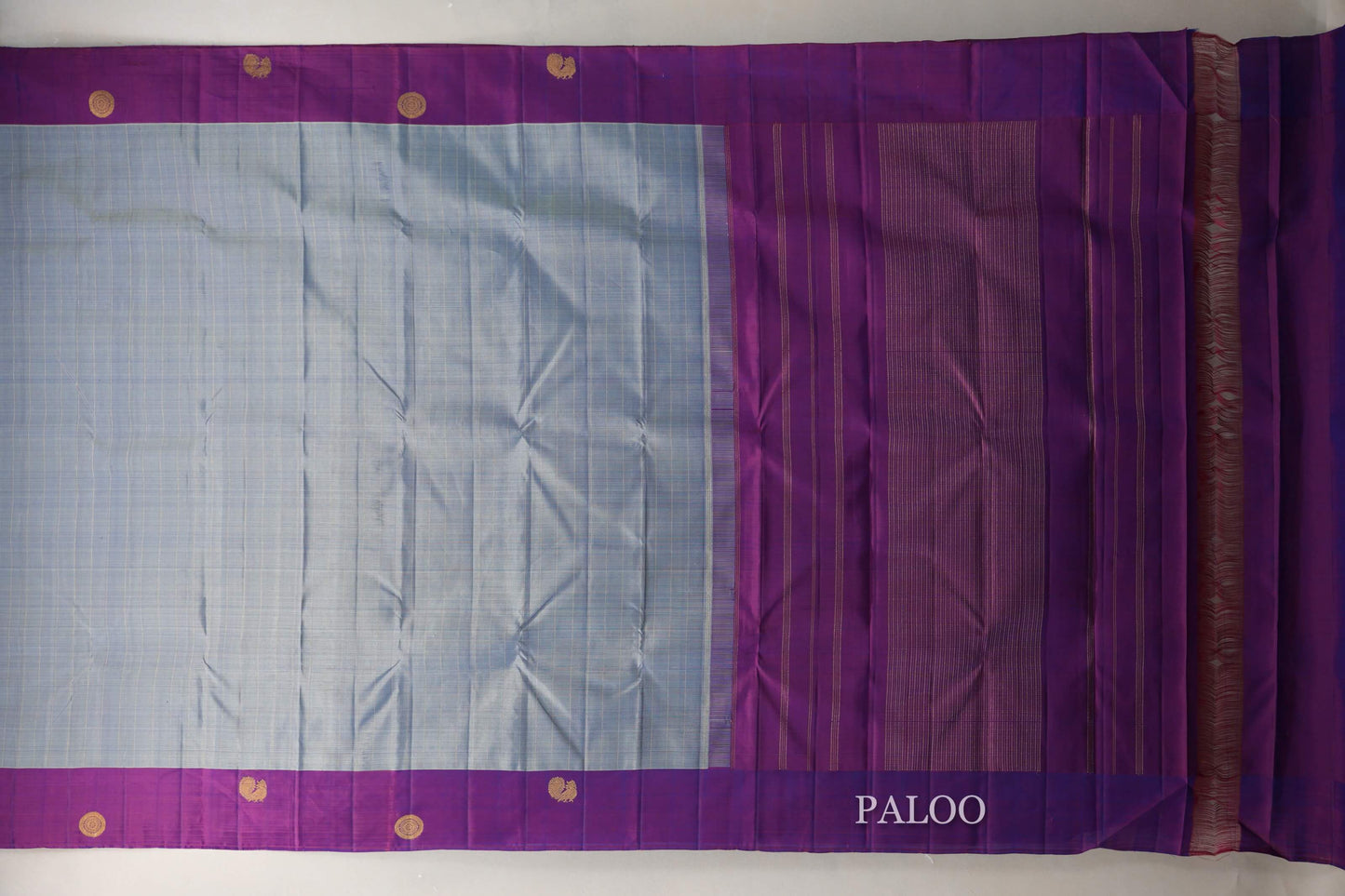 Dual Tone Silver Grey and Pastel Green with Dual Tone Pink and Blue Borders Plant Based Kanjivaram Silk Saree SS9078