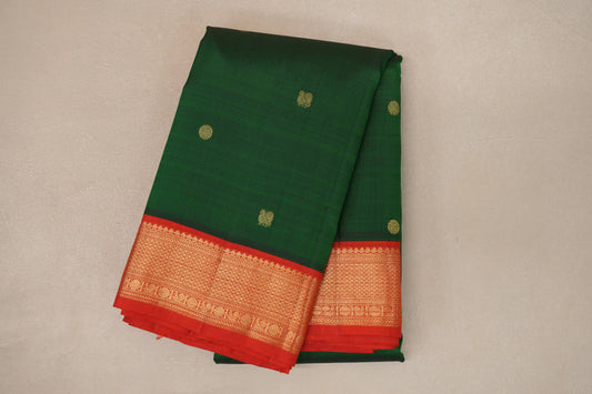 Emerald Green with Bright Red Borders Vintage Kanjivaram Silk Saree SS9079