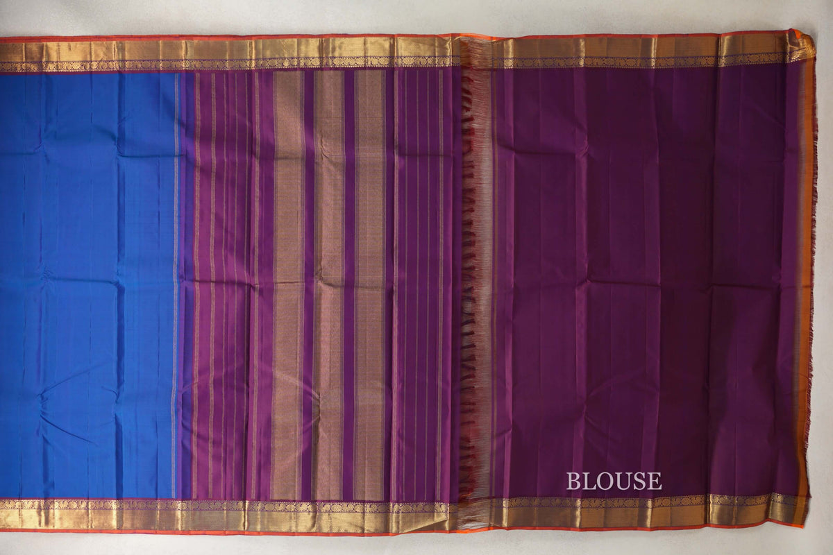 Deep Classic Blue with Deep Magenta with Bright Orange Selvedge Borders Vintage Kanjivaram Silk Saree blouse
