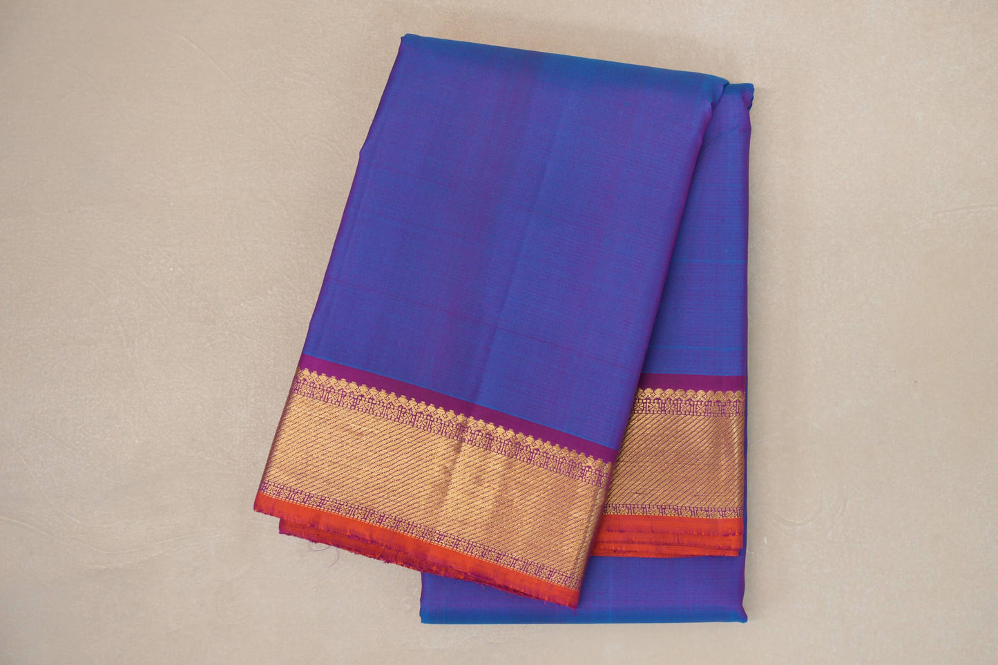 Dual Tone Blue and Purple with Magenta Borders and Orange Selvedge Vintage Kanjivaram Silk Saree SS9081