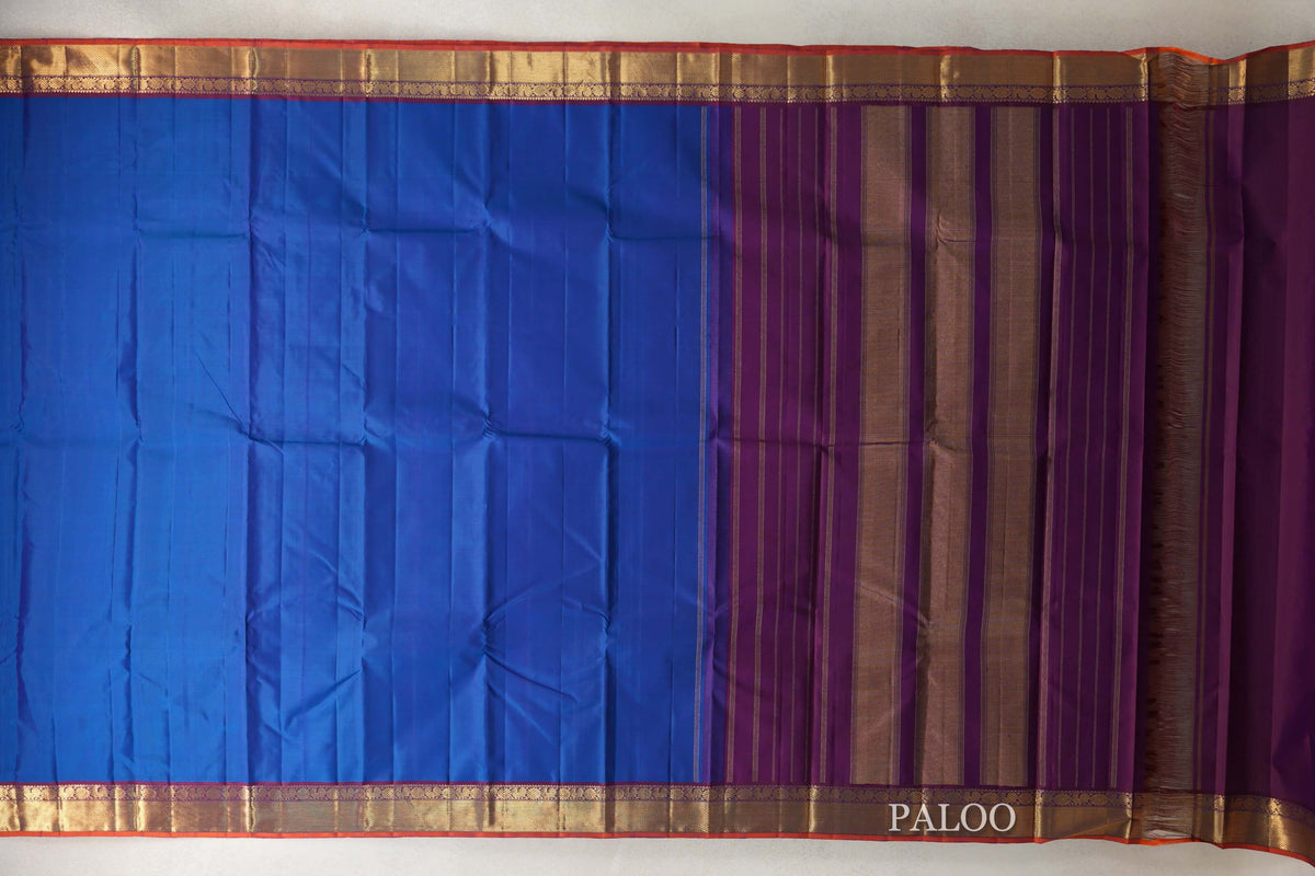 Deep Classic Blue with Deep Magenta with Bright Orange Selvedge Borders Vintage Kanjivaram Silk Saree paloo