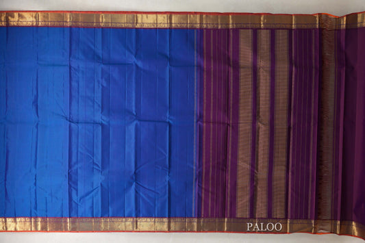 Deep Classic Blue with Deep Magenta with Bright Orange Selvedge Borders Vintage Kanjivaram Silk Saree paloo
