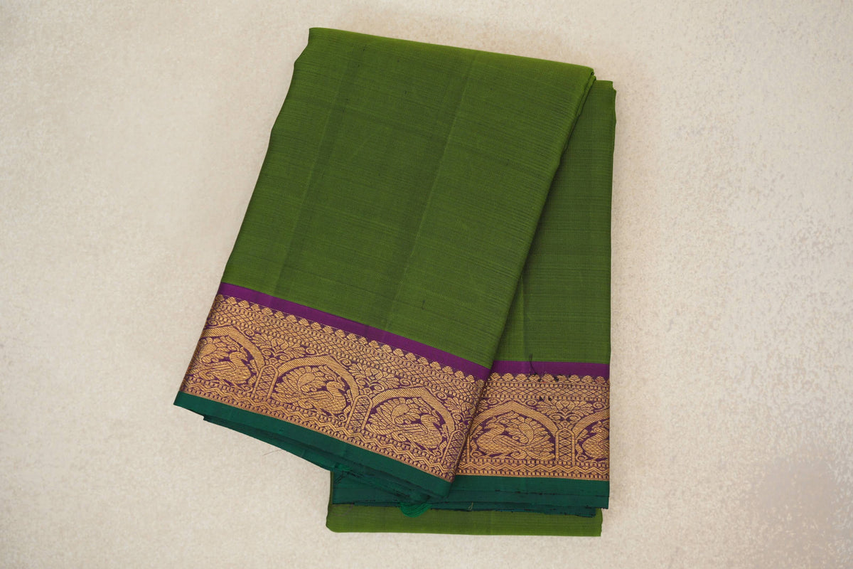 Mehendi Green with Deep Magenta with Dark Green Selvedge Borders Vintage Kanjivaram Silk Saree