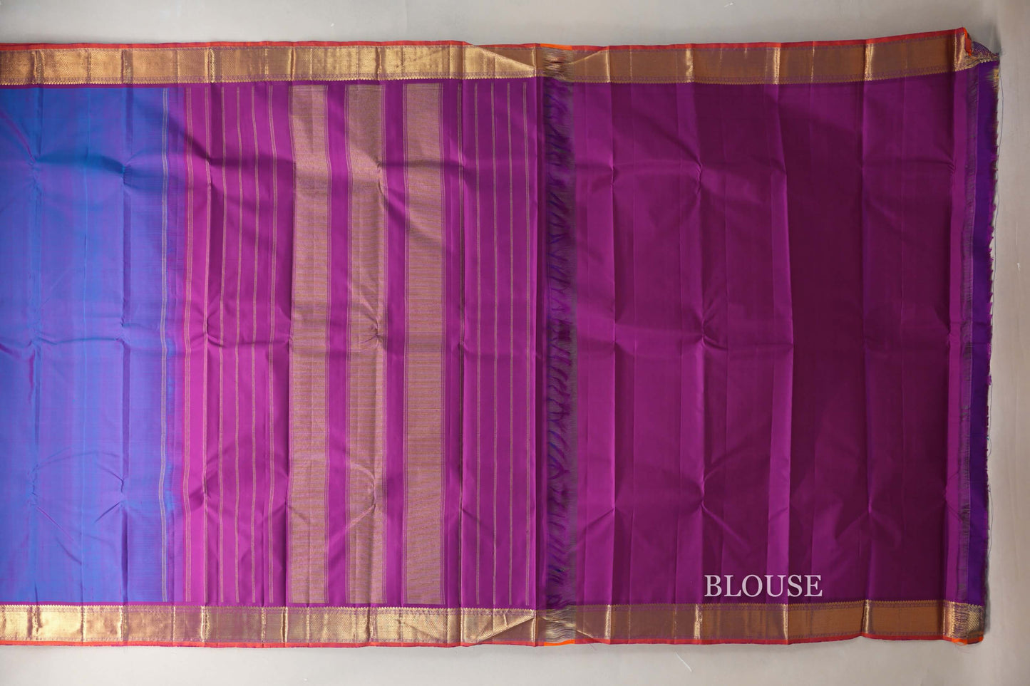 Dual Tone Blue and Purple with Magenta Borders and Orange Selvedge Vintage Kanjivaram Silk Saree SS9081