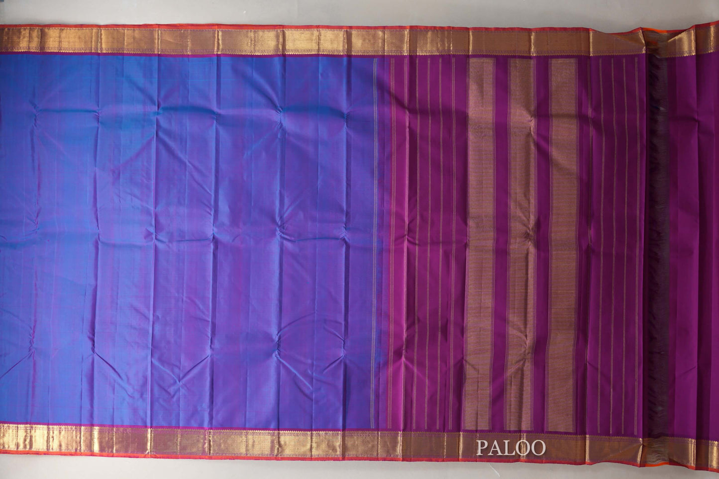 Dual Tone Blue and Purple with Magenta Borders and Orange Selvedge Vintage Kanjivaram Silk Saree SS9081