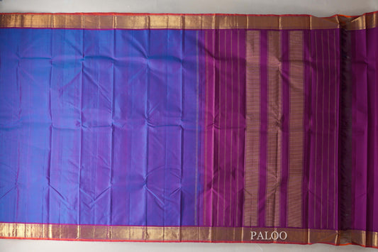 Dual Tone Blue and Purple with Magenta Borders and Orange Selvedge Vintage Kanjivaram Silk Saree SS9081
