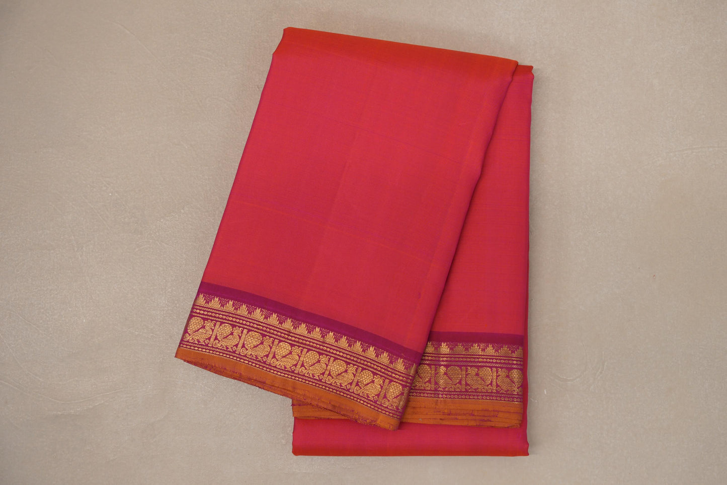 Orangish Pink with Bright Pink Borders and Mustard Selvedge Vintage Kanjivaram Silk Saree SS9082