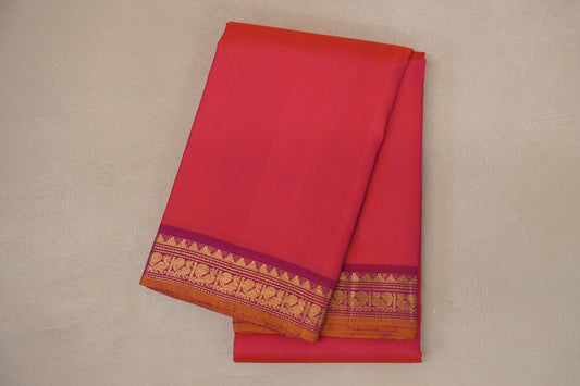 Orangish Pink with Bright Pink Borders and Mustard Selvedge Vintage Kanjivaram Silk Saree SS9082