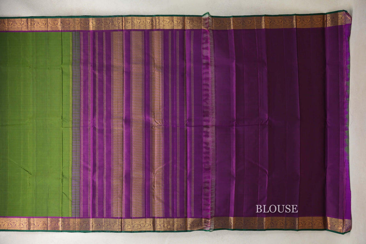 Mehendi Green with Deep Magenta with Dark Green Selvedge Borders Vintage Kanjivaram Silk Saree blouse