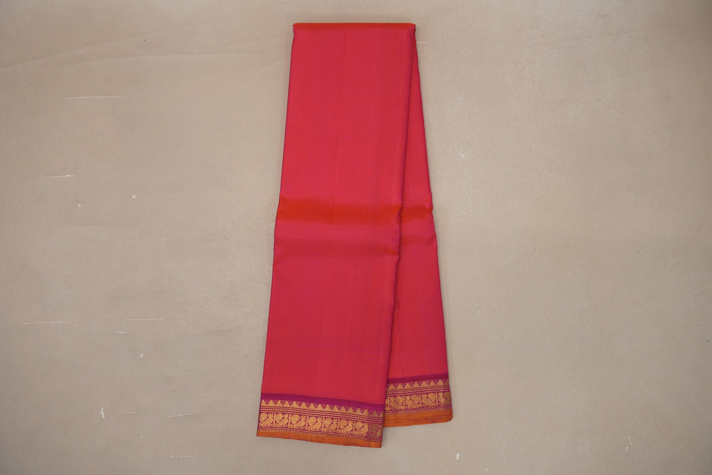 Orangish Pink with Bright Pink Borders and Mustard Selvedge Vintage Kanjivaram Silk Saree SS9082
