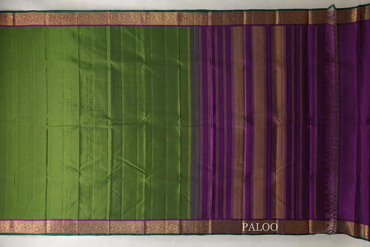 Mehendi Green with Deep Magenta with Dark Green Selvedge Borders Vintage Kanjivaram Silk Saree paloo