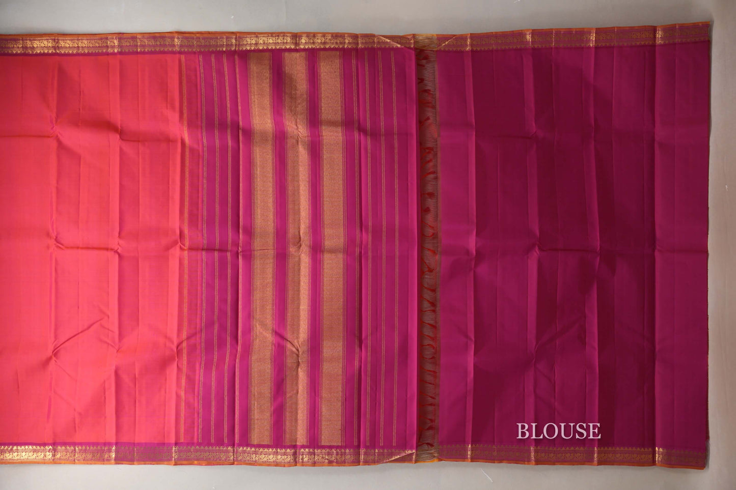 Orangish Pink with Bright Pink Borders and Mustard Selvedge Vintage Kanjivaram Silk Saree SS9082