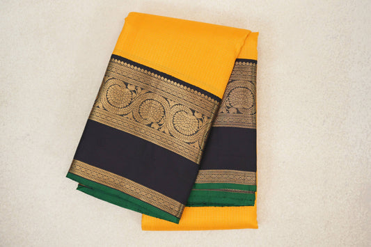 Mango Yellow with Black with Bottle Green Selvedge Borders Vintage Kanjivaram Silk Saree