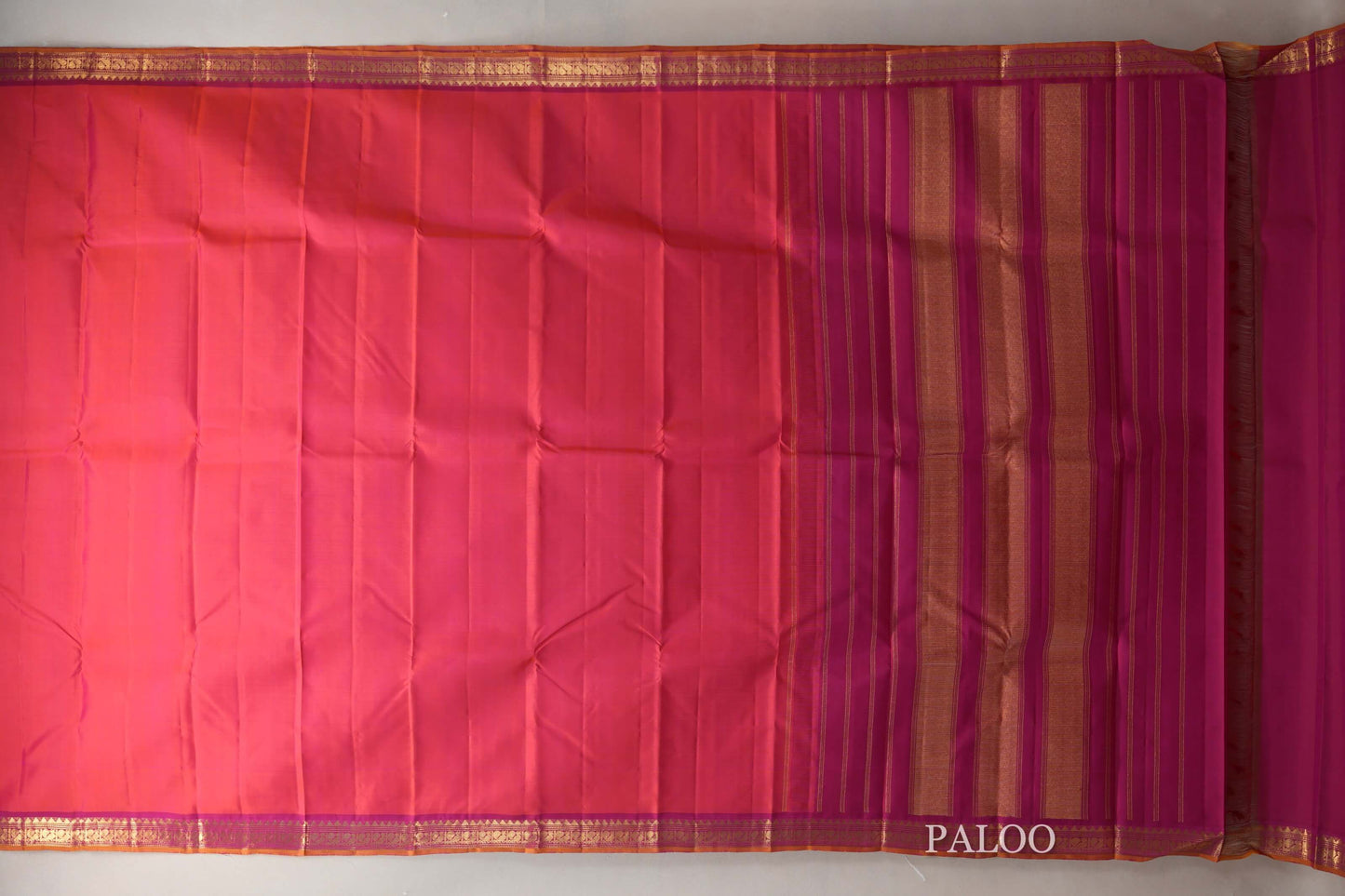 Orangish Pink with Bright Pink Borders and Mustard Selvedge Vintage Kanjivaram Silk Saree SS9082