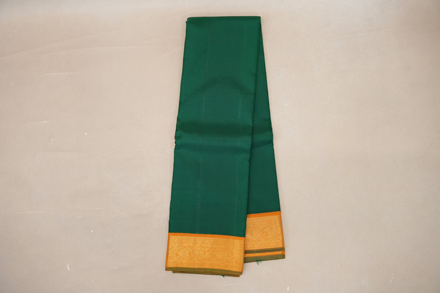 Bright Leaf Green with Mustard Orange Borders Vintage Kanjivaram Silk Saree SS9083