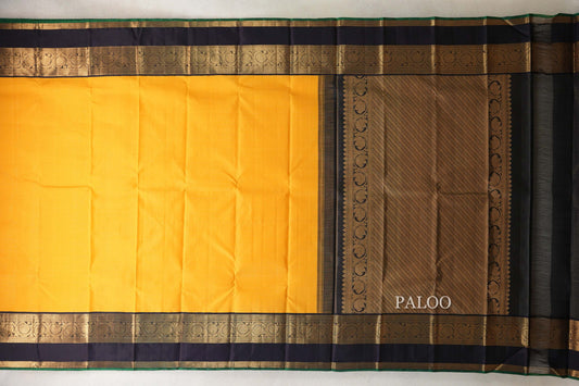 Mango Yellow with Black with Bottle Green Selvedge Borders Vintage Kanjivaram Silk Saree paloo