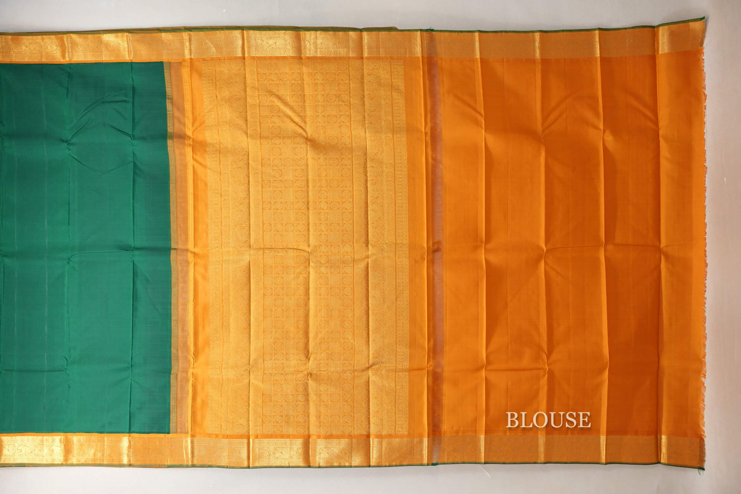 Bright Leaf Green with Mustard Orange Borders Vintage Kanjivaram Silk Saree SS9083