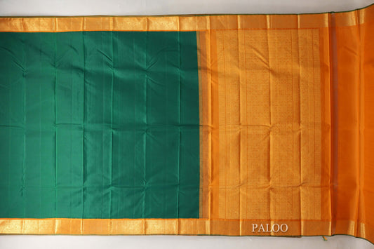 Bright Leaf Green with Mustard Orange Borders Vintage Kanjivaram Silk Saree SS9083