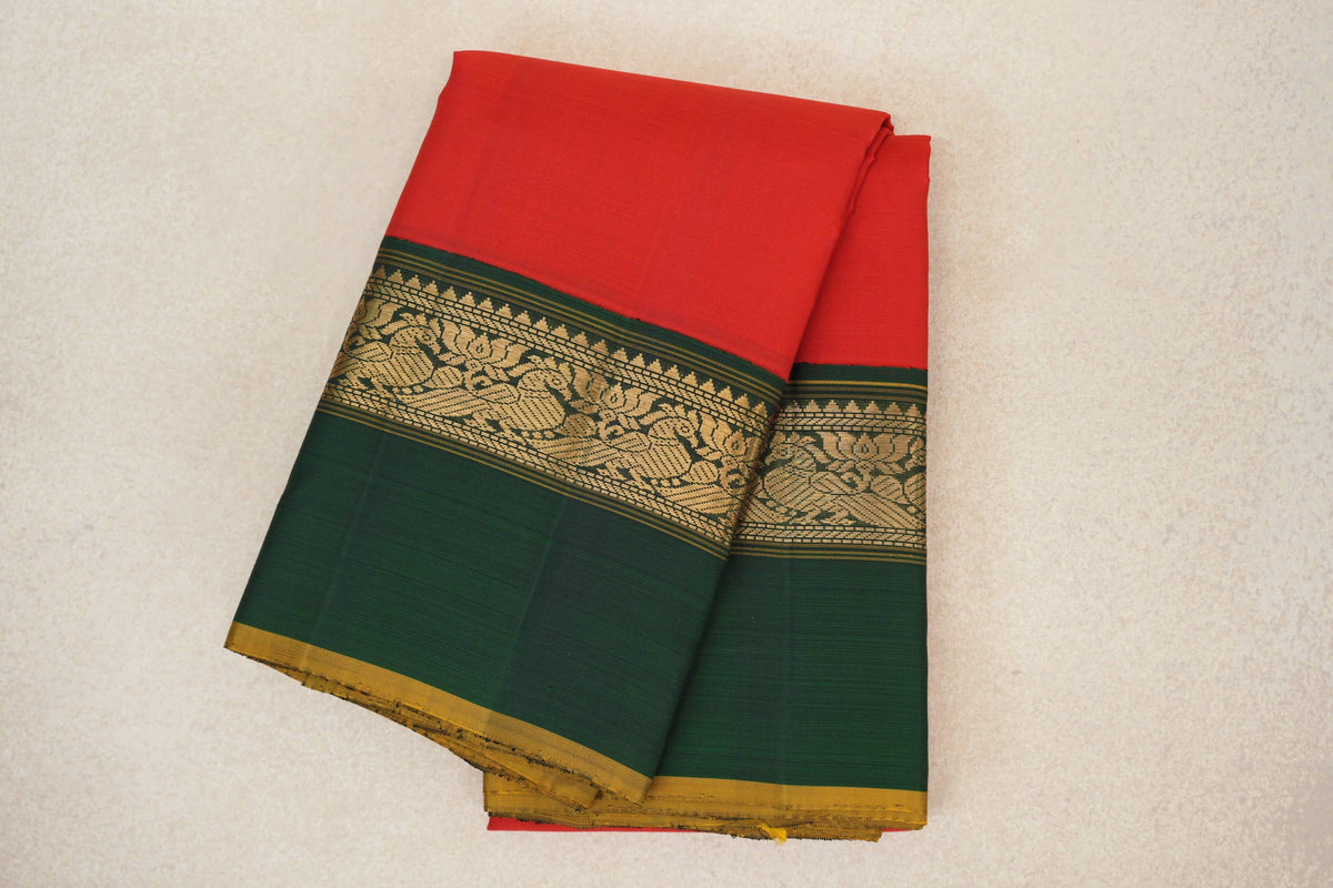 Bright Red with Bottle Green with Olive Yellow Selvedge Borders Vintage Kanjivaram Silk Saree