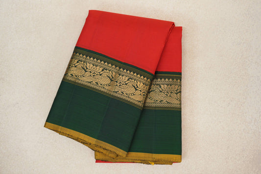 Bright Red with Bottle Green with Olive Yellow Selvedge Borders Vintage Kanjivaram Silk Saree