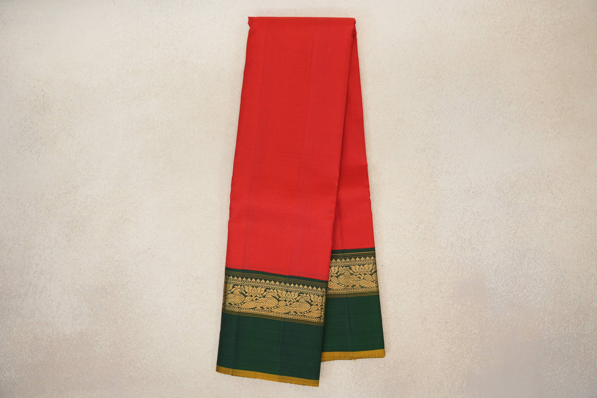 Online Bright Red with Bottle Green with Olive Yellow Selvedge Borders Vintage Kanjivaram Silk Saree