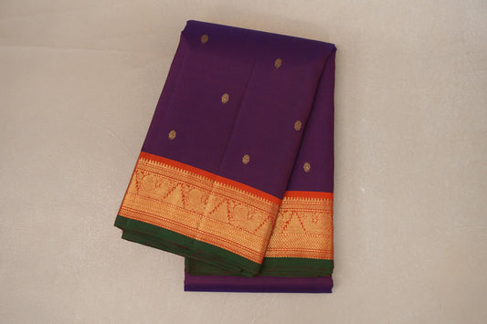 Dual Tone Blue and Orange with Bright Orange Borders and Dark Green Selvedge Vintage Kanjivaram Silk Saree SS9085