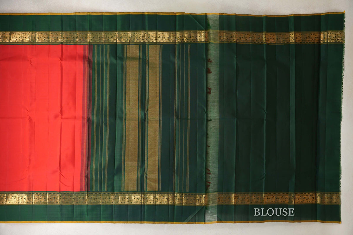 Bright Red with Bottle Green with Olive Yellow Selvedge Borders Vintage Kanjivaram Silk Saree blouse