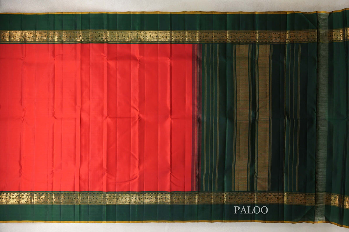 Bright Red with Bottle Green with Olive Yellow Selvedge Borders Vintage Kanjivaram Silk Saree paloo