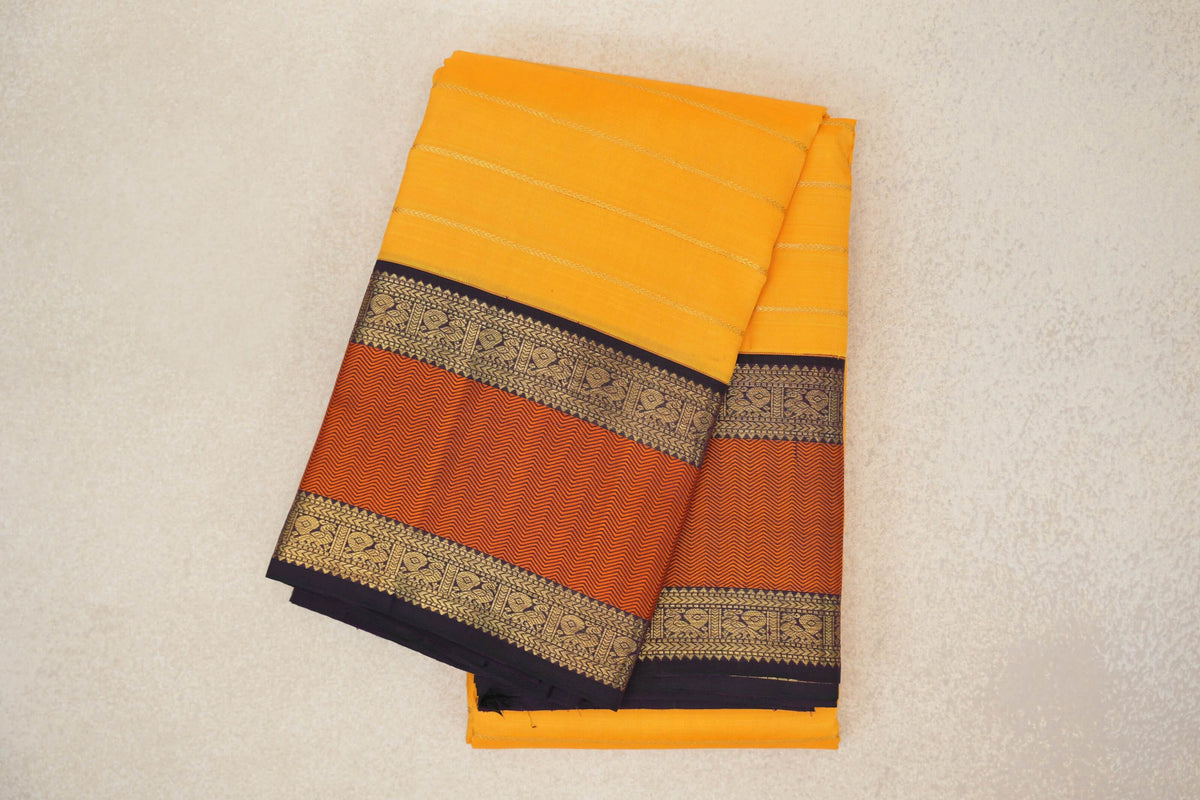 Mango Yellow with Deep Plum with Orange Rettai Pettu Borders Vintage Kanjivaram Silk Saree