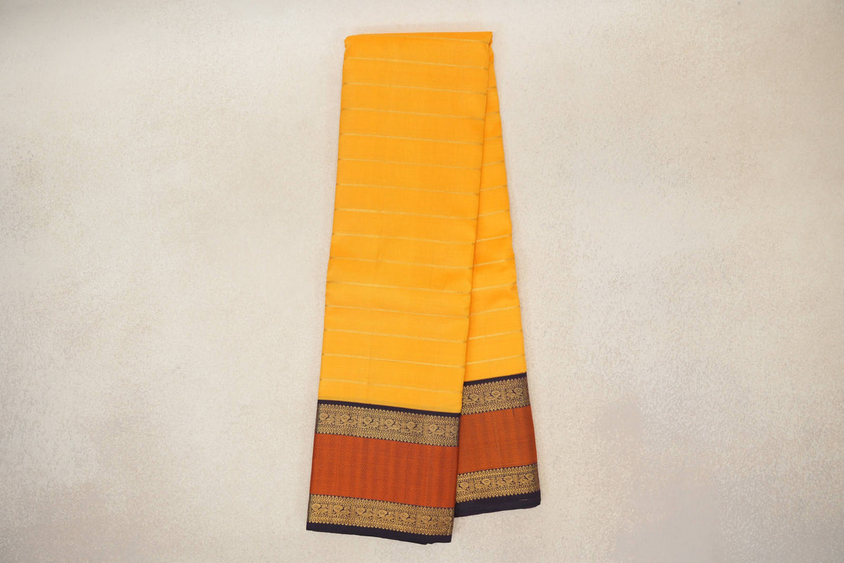 Online Mango Yellow with Deep Plum with Orange Rettai Pettu Borders Vintage Kanjivaram Silk Saree
