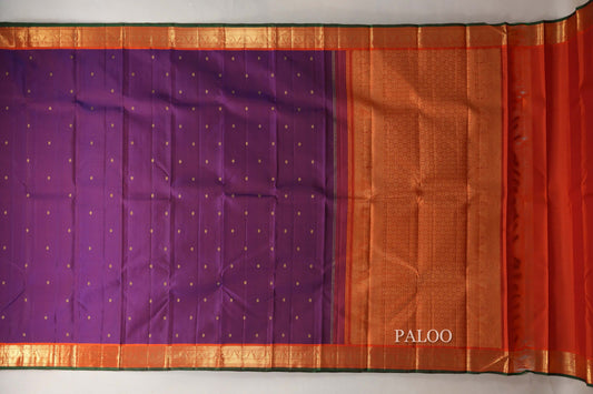 Dual Tone Blue and Orange with Bright Orange Borders and Dark Green Selvedge Vintage Kanjivaram Silk Saree SS9085