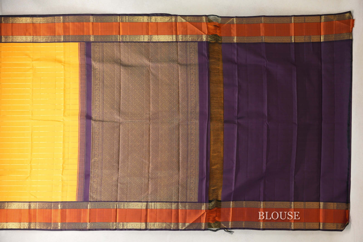 Mango Yellow with Deep Plum with Orange Rettai Pettu Borders Vintage Kanjivaram Silk Saree blouse